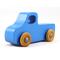 Handmade wooden toy pickup truck painted in baby blue with metallic sapphire blue trim. The truck features non-marring amber shellac wheels and is part of my Play Pal Collection. A close-up shot of the toy truck on a white background. Made to Order.